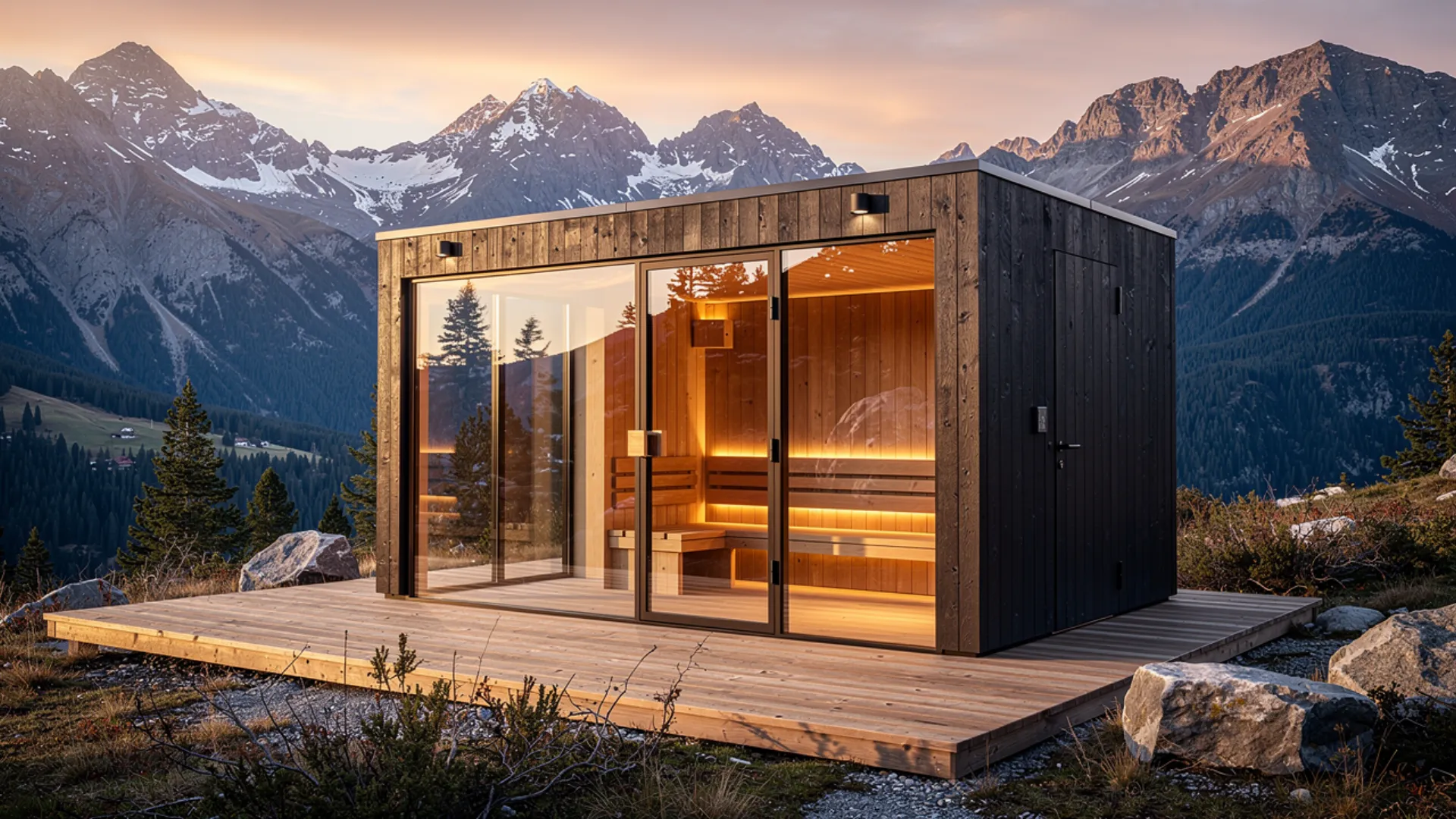 Moderne Sauna, Holz & warmes Licht