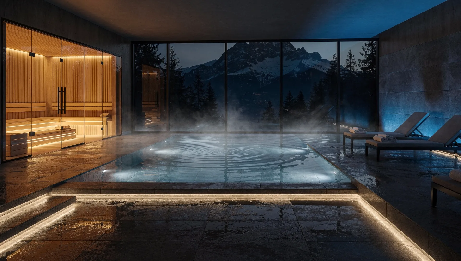 Cinematisches Bild: Wärme (Sauna/Heizung) trifft Abkühlung (Klima/Dampf)